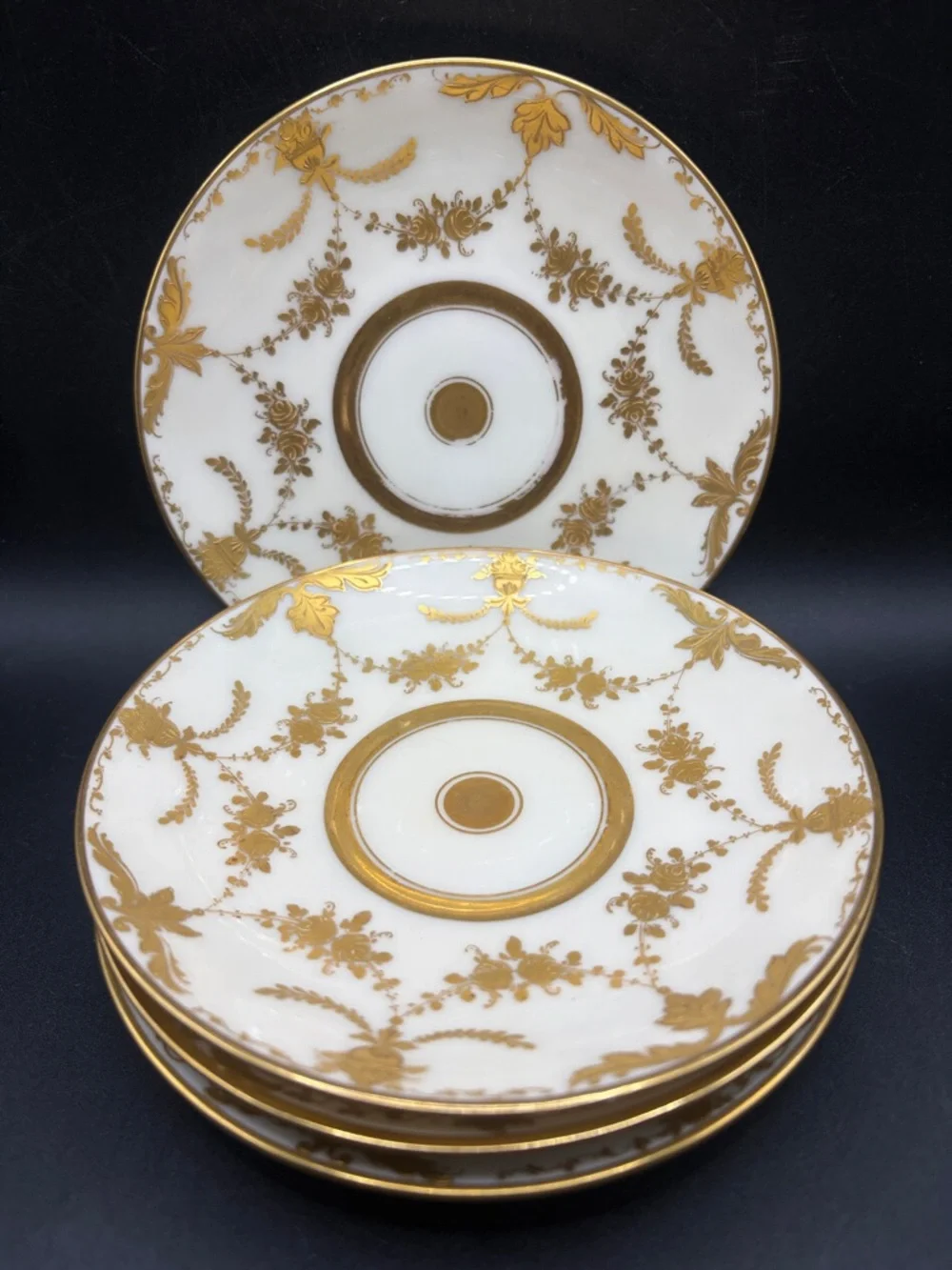 Richard Wehsener Dresden Germany Antique Gold Leaf Floral Porcelain Saucers